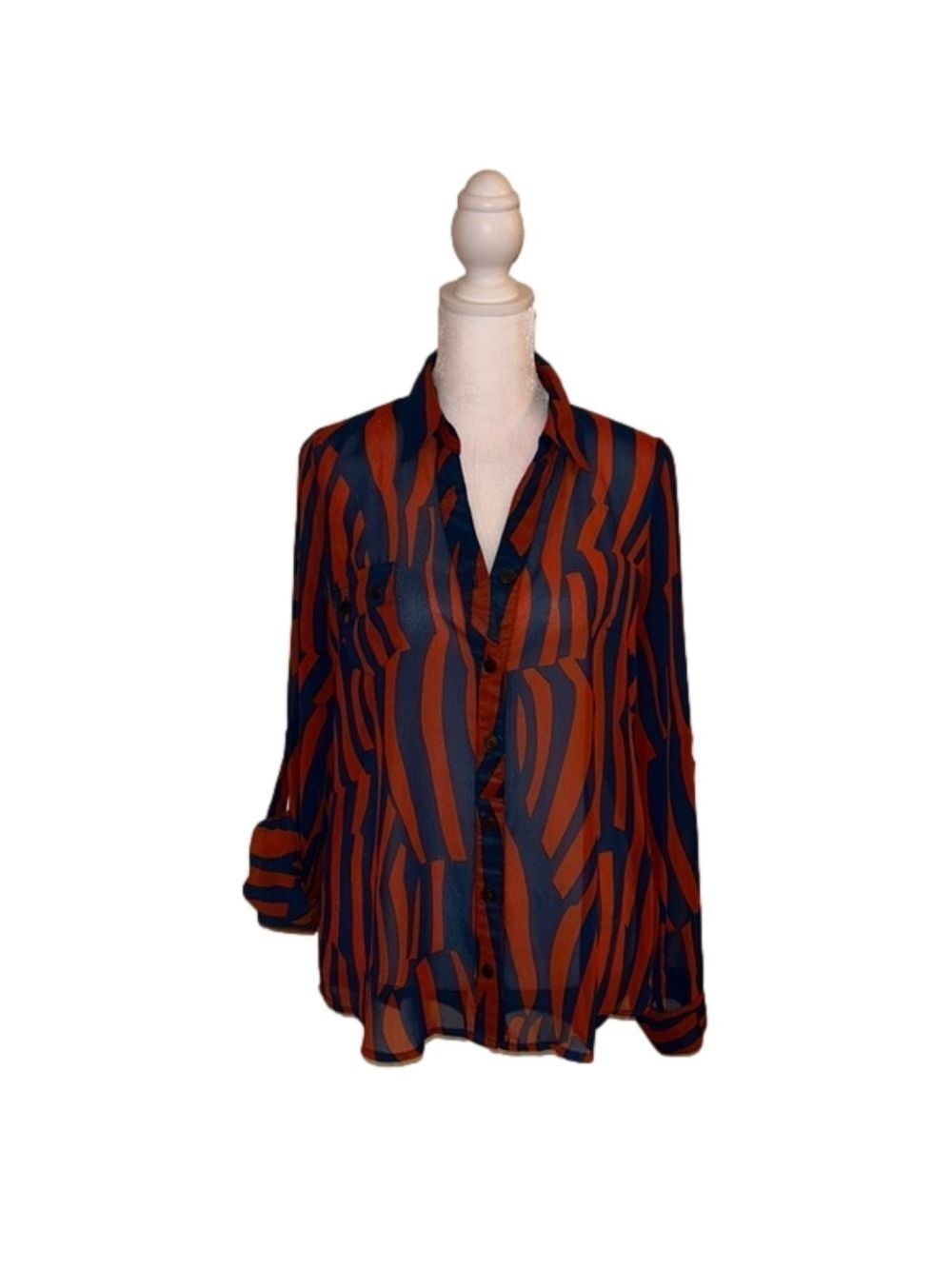 “mine” Burnt Orange & Dark Teal Sheer Blouse Size M